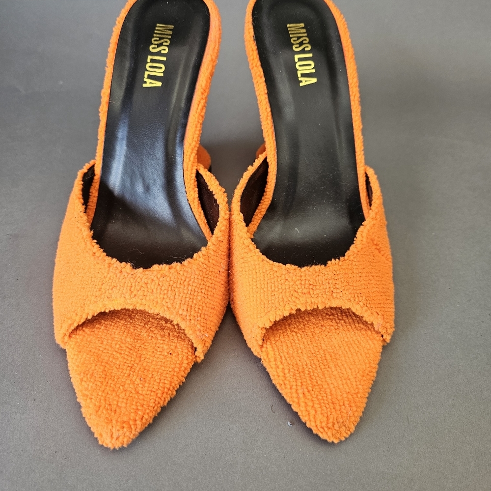 New Mule Orange Terry Cloth Block Heels